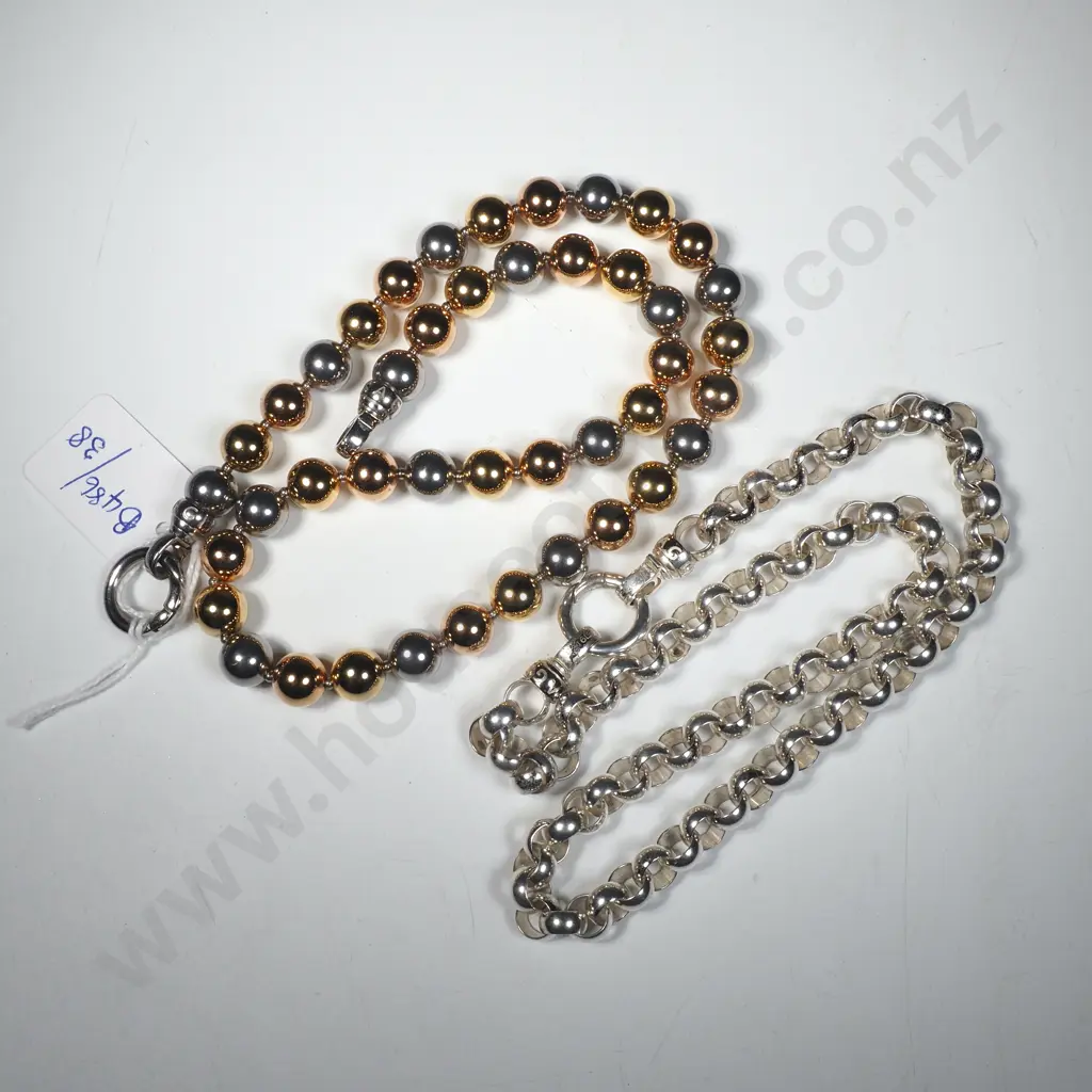 Kagi Bead Necklace w Alternating Brass, Copper  & Silver Coloured Gold Balls & a Silver Tone Rolo  Chain Link Necklace Image 1++