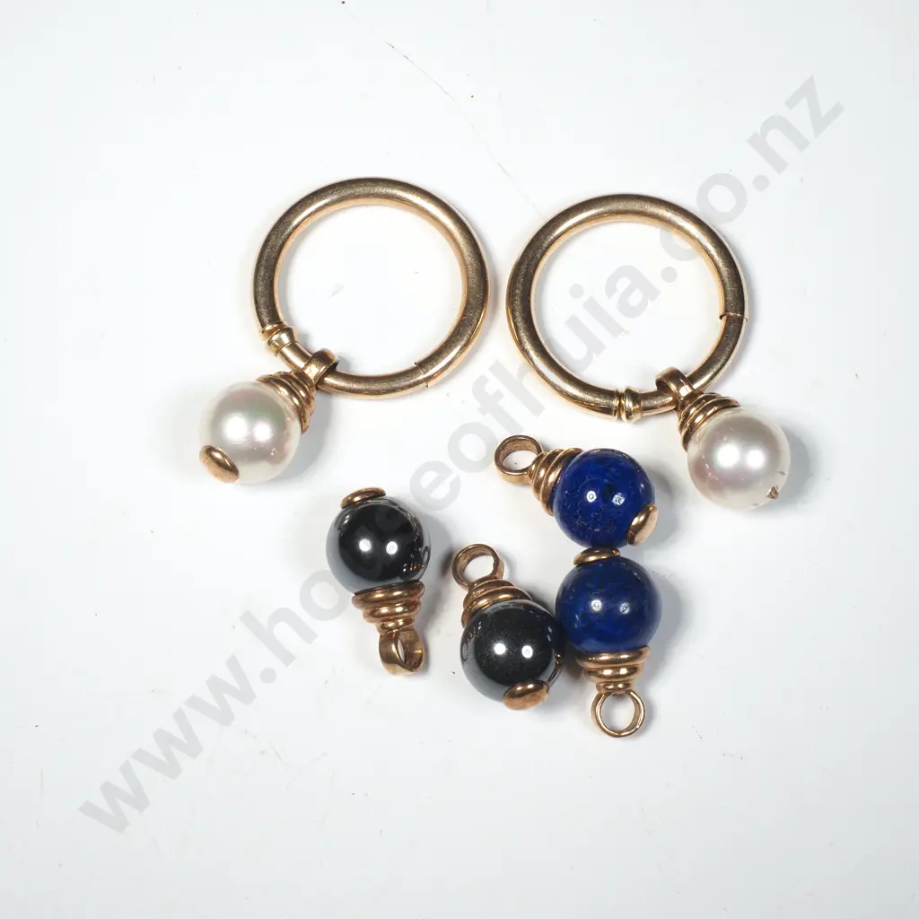 Vintage Style Drop Earrings w Gold Plated Hoops w Detachable Pearls, Blue & Black Stone Accents Image 1++