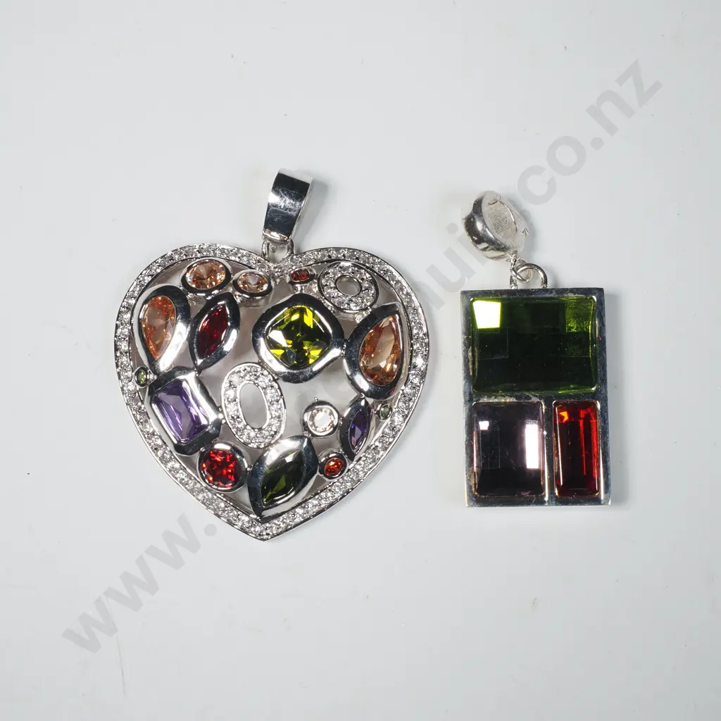 Two Kagi Pendants set w Multicoloured Stones, One Heart Shaped w Various Cut Stones & the Other w a Grid Pattern Image 1++