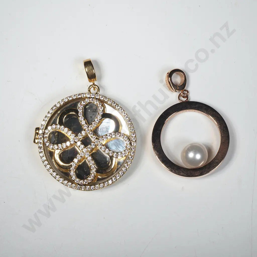 Two Kagi Pendants in Rose & Yellow Gold Tone, the Yellow Gold in Locket Form w Reversible Blue, Clear Facetted Stone Image 1++