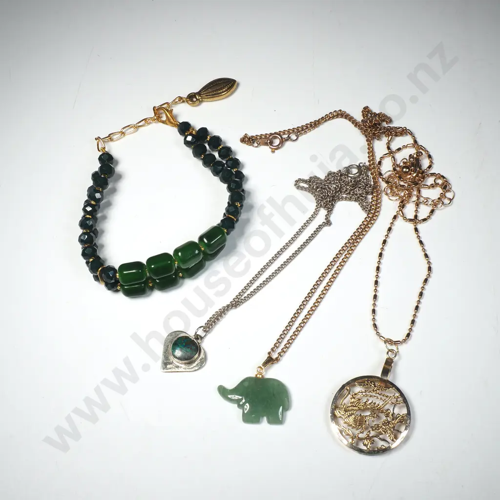 Vintage Carnelian Stone Pedant inset w Filigree Dragon Motif, Green & Black Stone Bracelet & Jade Elephant Necklace Image 1++
