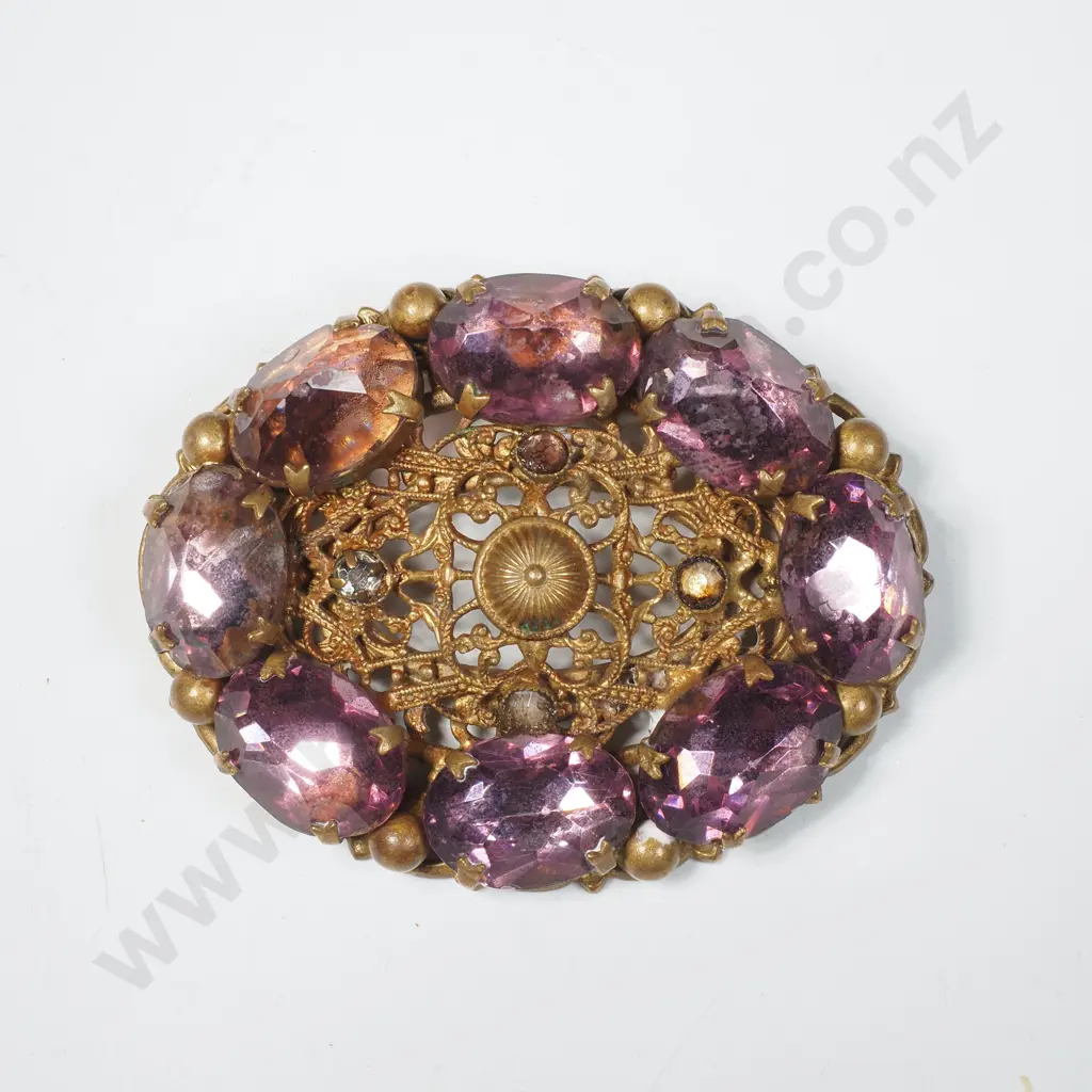 Vintage Oval Glass Czech Brooch set w Purple Stones Image 1++