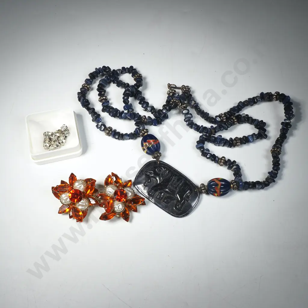 Heavy Lapis Lazuli Necklace w Elephant Plaque & Two Pairs of Costume Jewellery Earrings Image 1++