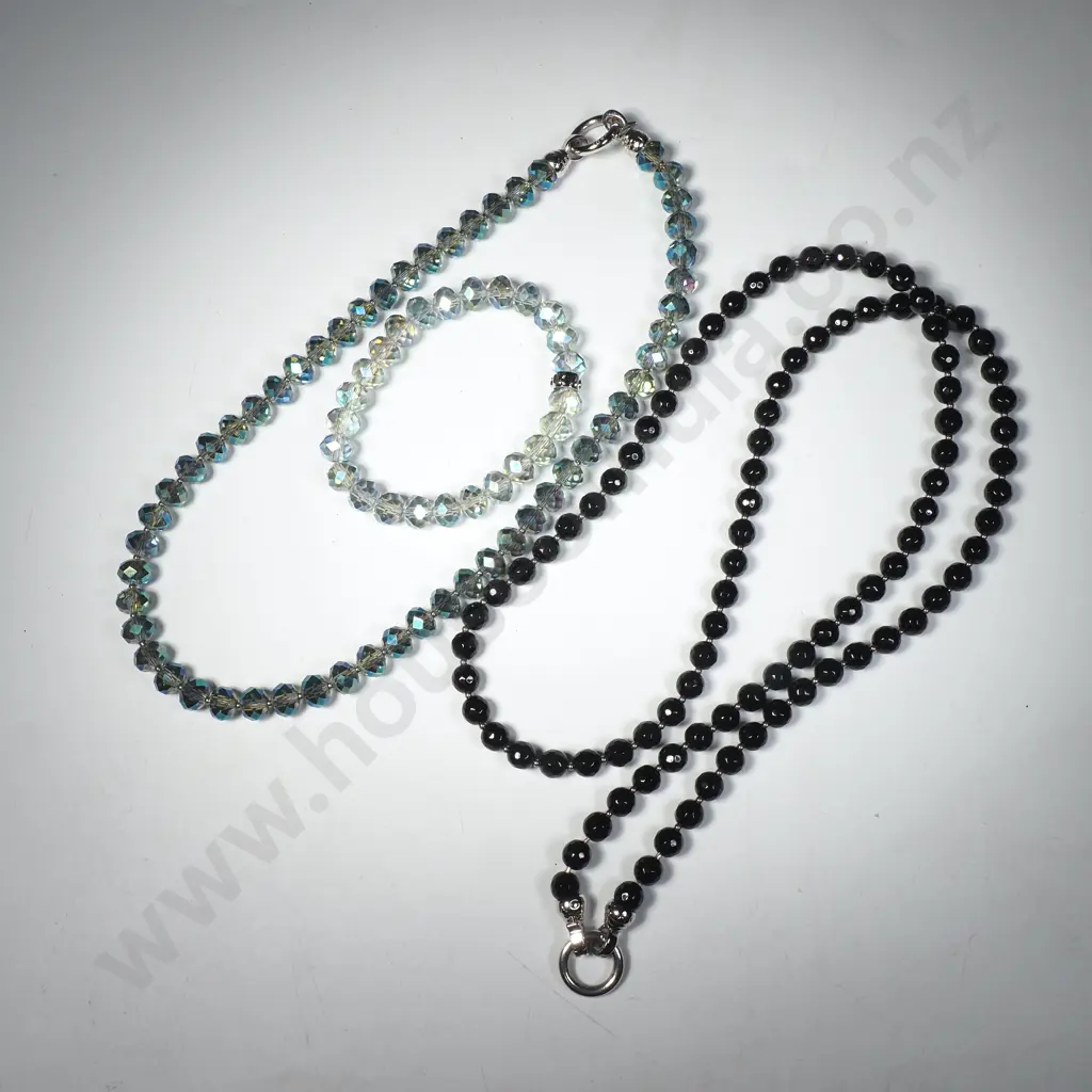 Long Stand of Kagi Black Faceted Beads & A String of Faceted Glass w Iridescent Finish & Matching Bracelet Bracelet Image 1++