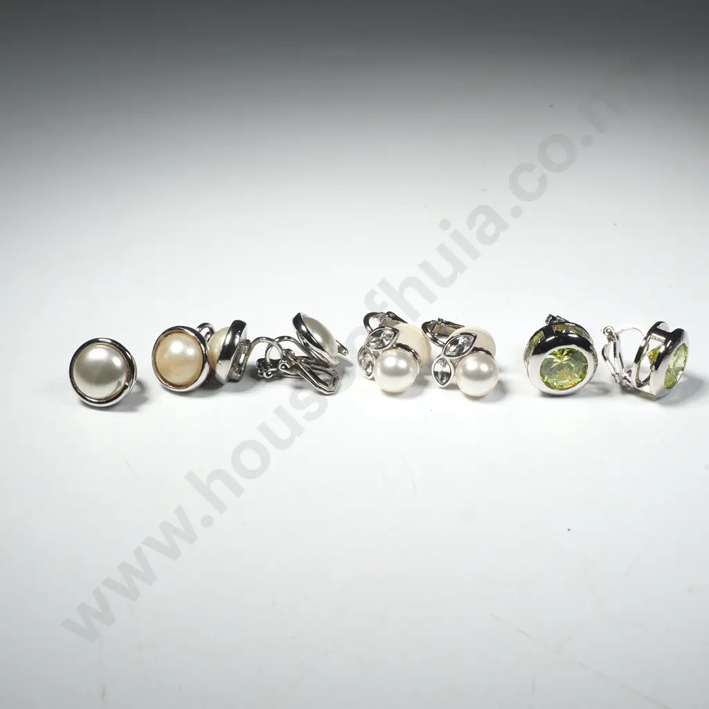 Set of Four Clip on Costume Earrings Earrings - Three inset w Pearls & One Pair w Peridot Coloured Stones Image 1++