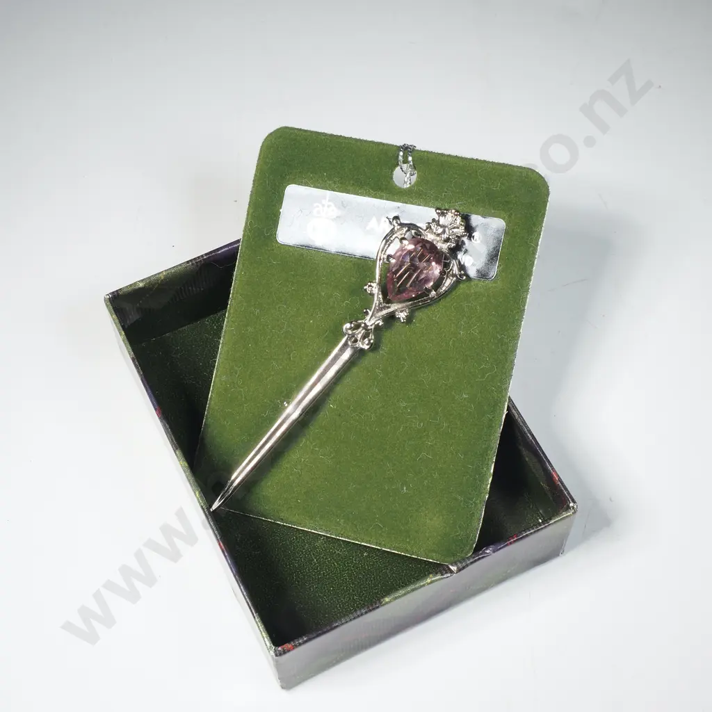 Boxed Scottish Art Pewter Kilt Pin in the Form of a Sword set w an Amethyst Coloured Stone Image 1++