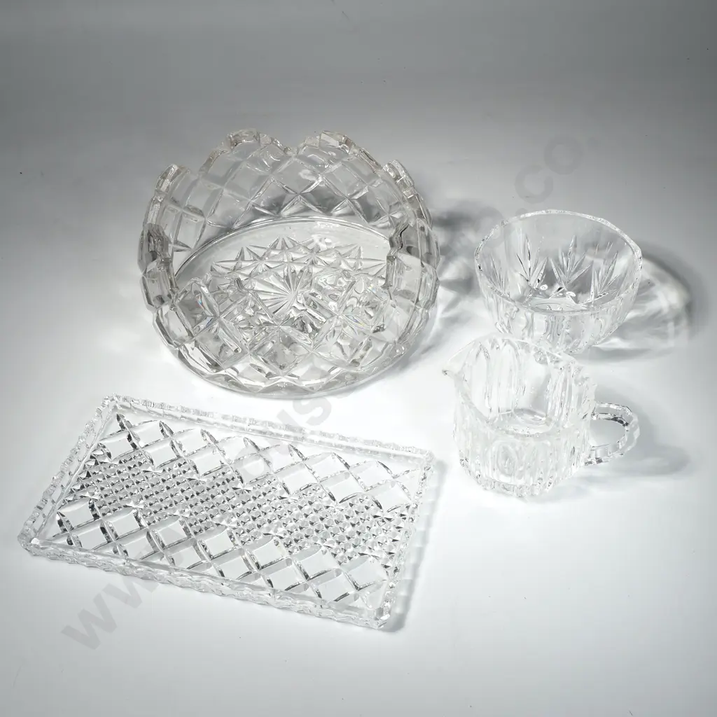 Glass Dessert Bowl w Diamond Cut Decoration & a Cut Glass Cream Jug & Bowl on Glass Tray Image 1++