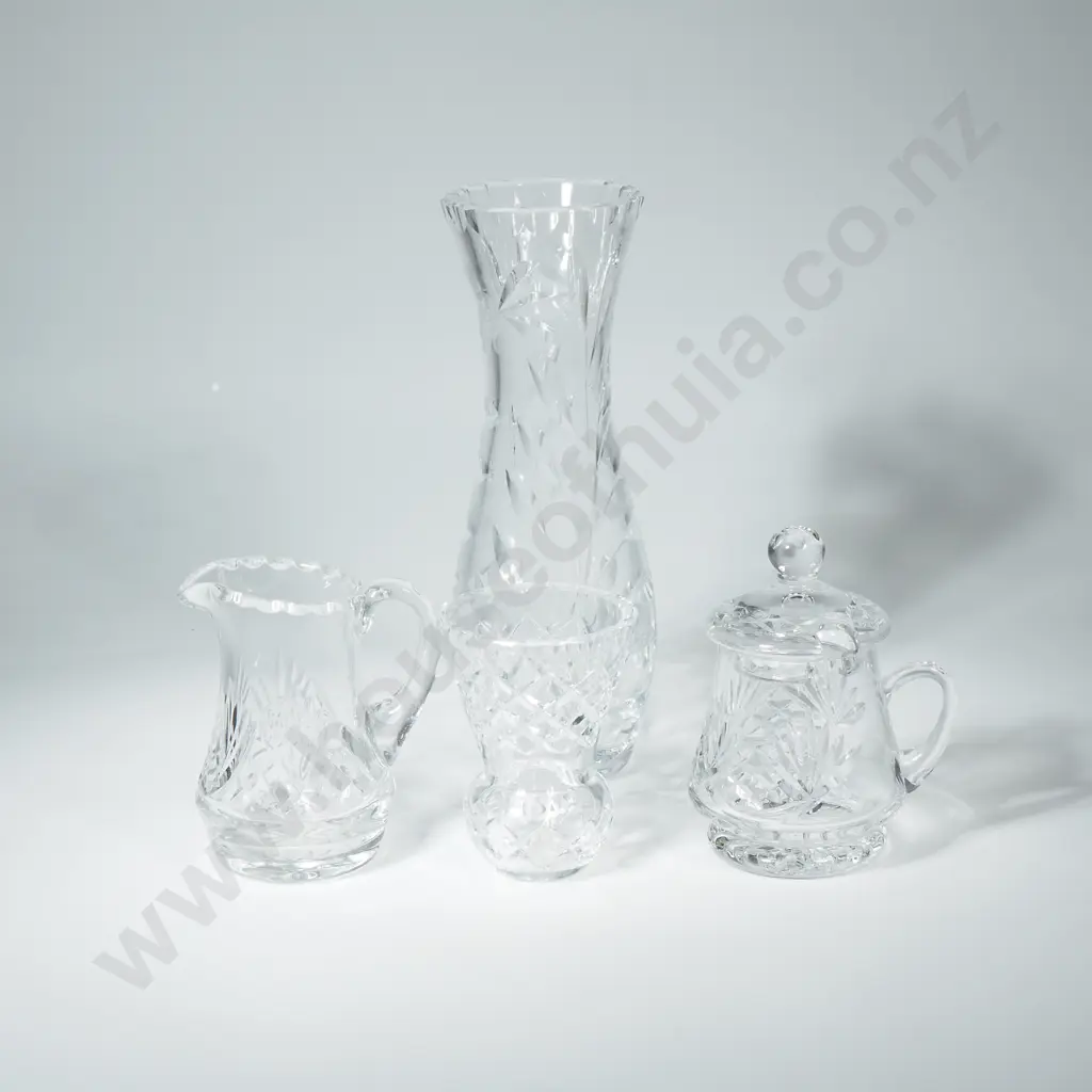 Crystal Waisted Vase, Small Crystal Bud Vase, Jug & Glass Mustard Pot Image 1++