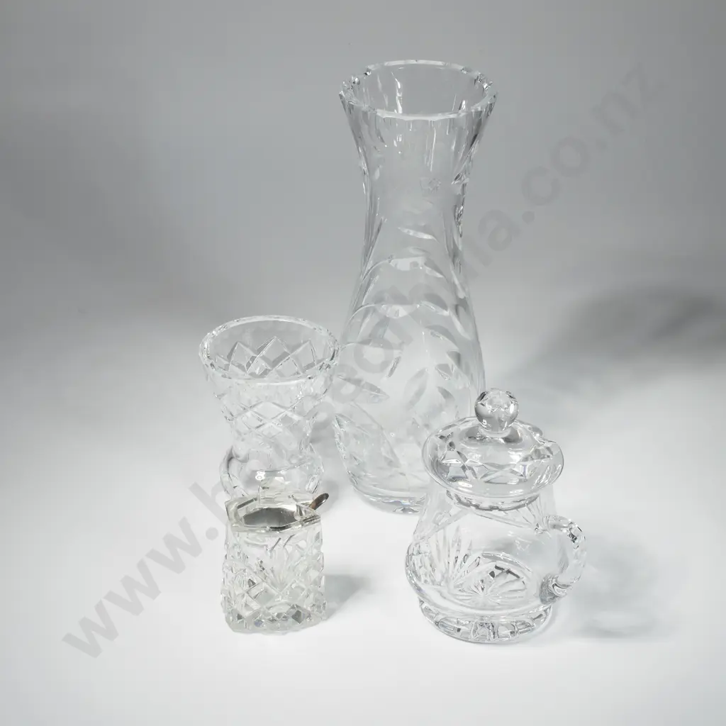 Crystal Waisted Vase, Small Crystal Bud Vase, Jug & Glass Mustard Pot Image 1++