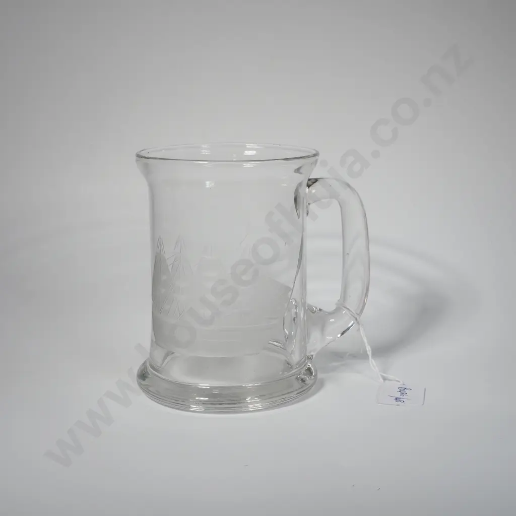 Vintage Glass Beer Mug w an Etched Design of A Schooner Sailing Ship & a Lidded Glass Diamond Cut Jar Image 1++