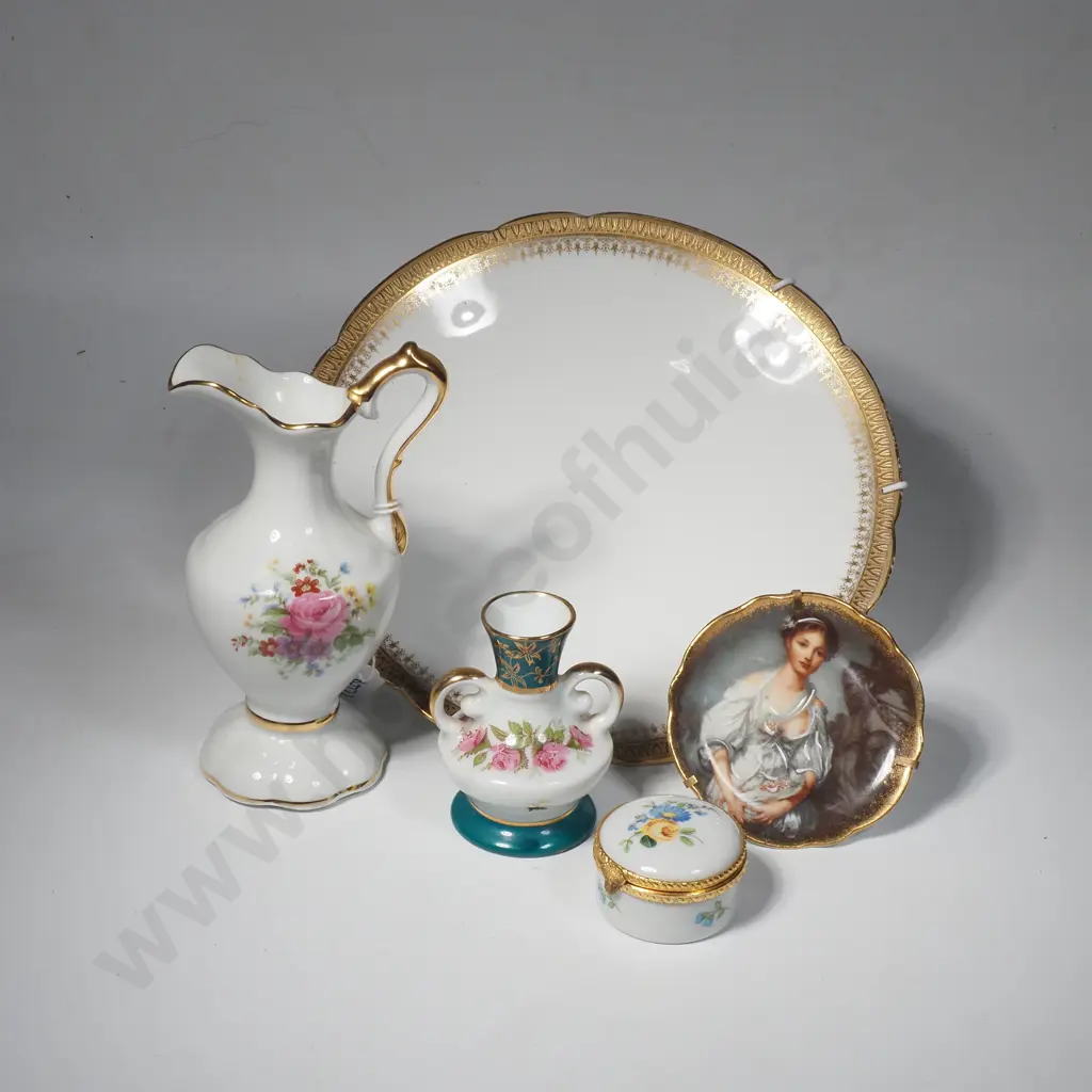 Limoges Gold Rim Plate, LImoges Floral Jug a Vase & a Limoges Pill Box & Miniature Plate "The Broken Pitcher' by Greuze Image 1++
