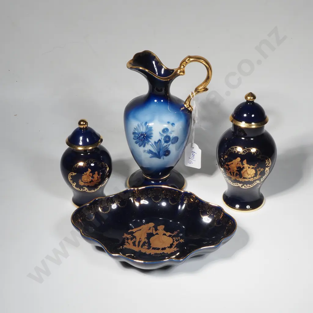 Four Items of Cobalt Blue Limoges including Jug w Floral Decoration, Scalloped Dish & Two Lidded Urns Image 1++