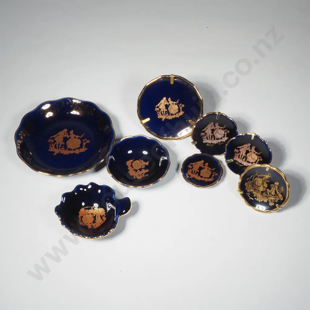 Eight  Miniature Cobalt Blue & Gilt Trim  Limoges Plates & Dishes Image 1++