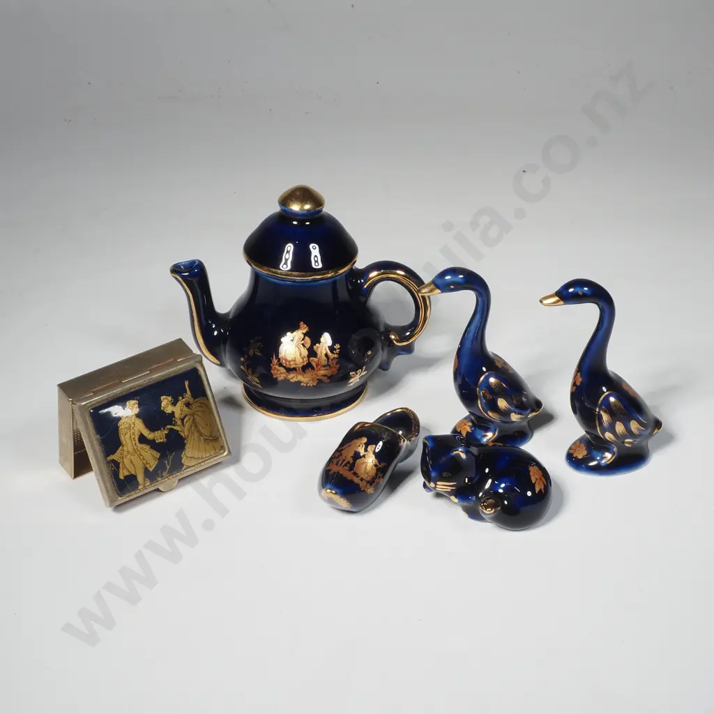 Six  Miniature Cobalt Blue & Gilt Trim Limoges Novelty Items including Two Geese, Clog, Cat, Teapot & Pill Box Image 1++