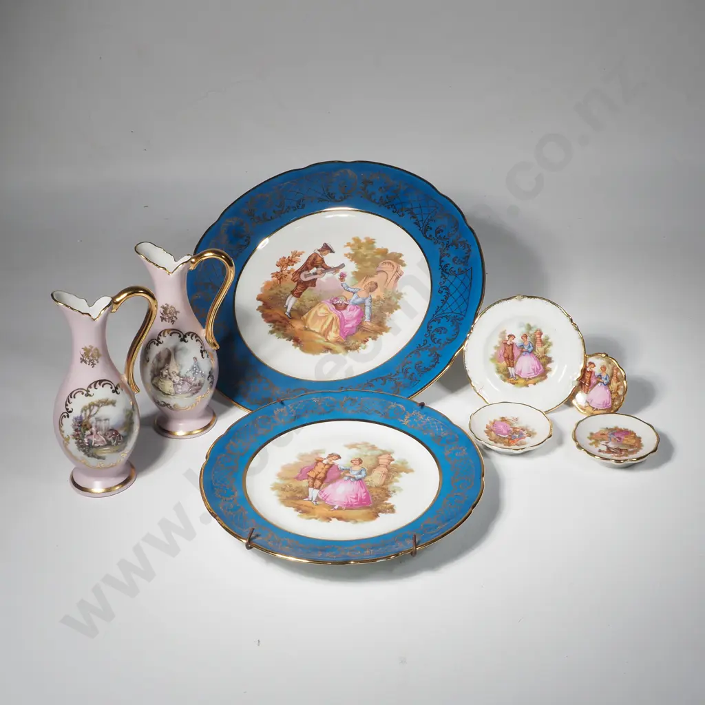 Six Limoges Plates w Fragonard Style Decoration, both Large & Miniature & Two Pink Miniature Jugs Image 1++