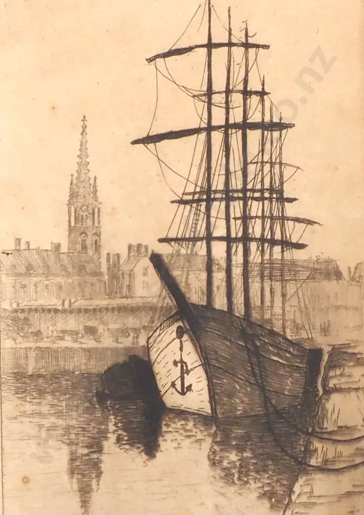 Rhys Jenkins - Docked Schooner, Etching Image 1++