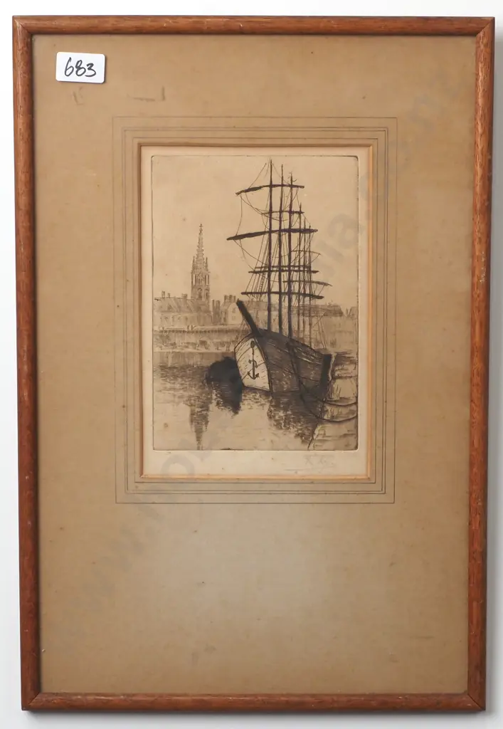 Rhys Jenkins - Docked Schooner, Etching Image 1++