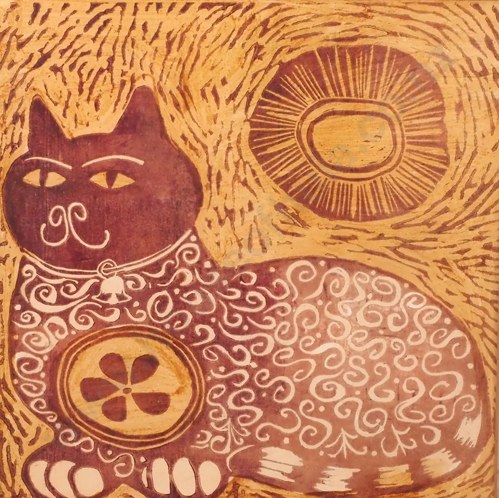 Vintage  Wood Block Stylized Cat Print - Unsigned Image 1++