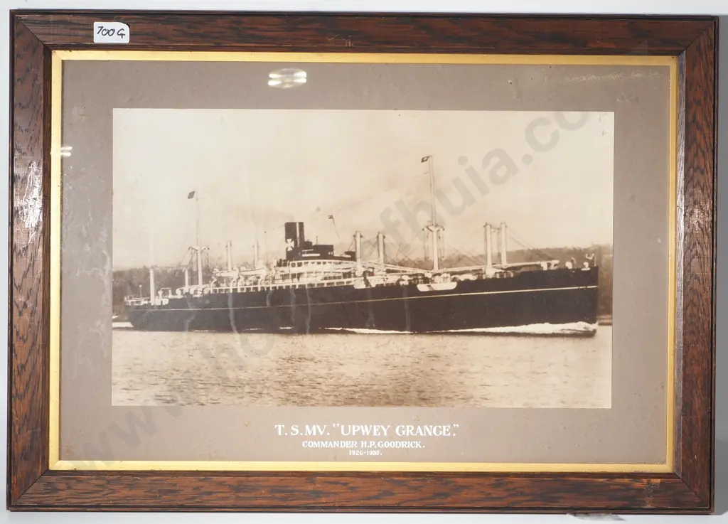 Oak Framed Black & White Photograph of the Motor Vessel " Upway Grange' Commanded By H.P Goodrick From 1926- 1930 Image 1++