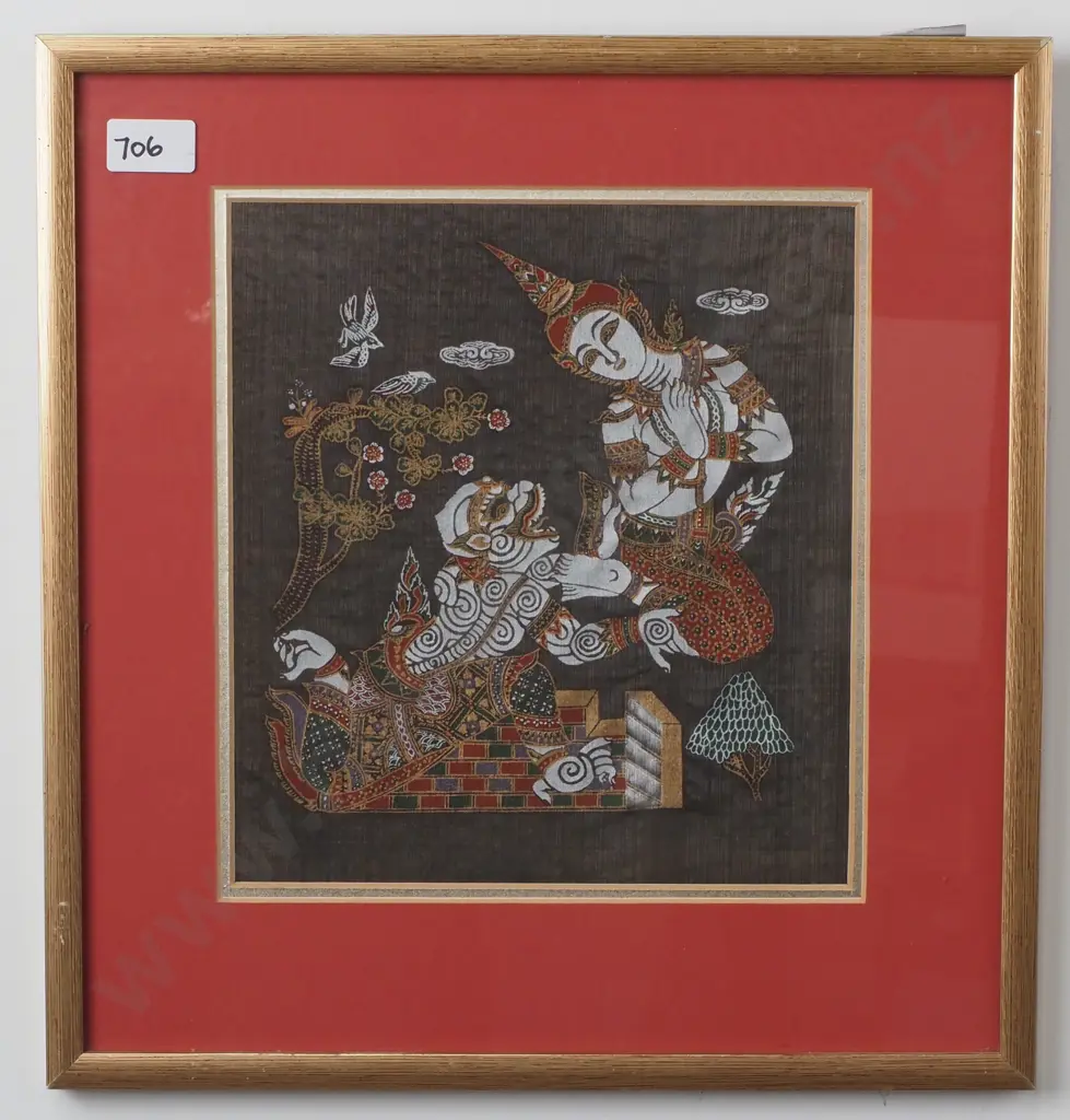 Artist Unknown - Hanuman & a Goddess (A Scene from the Ramakien), Painting on Silk Image 1++
