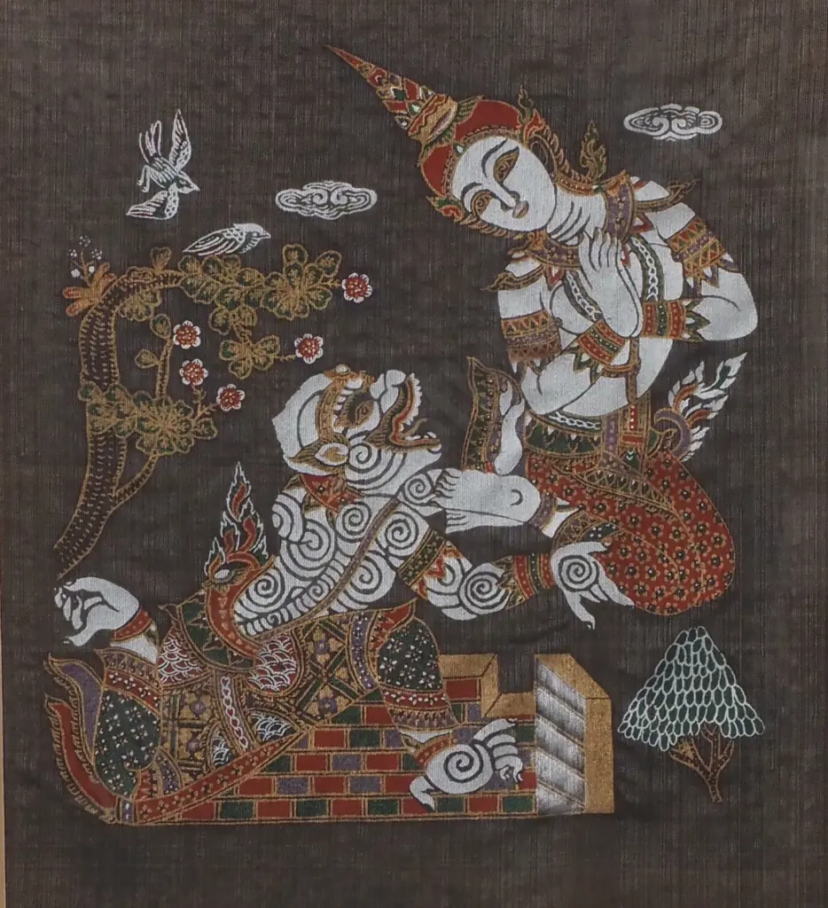 Artist Unknown - Hanuman & a Goddess (A Scene from the Ramakien), Painting on Silk Image 1++