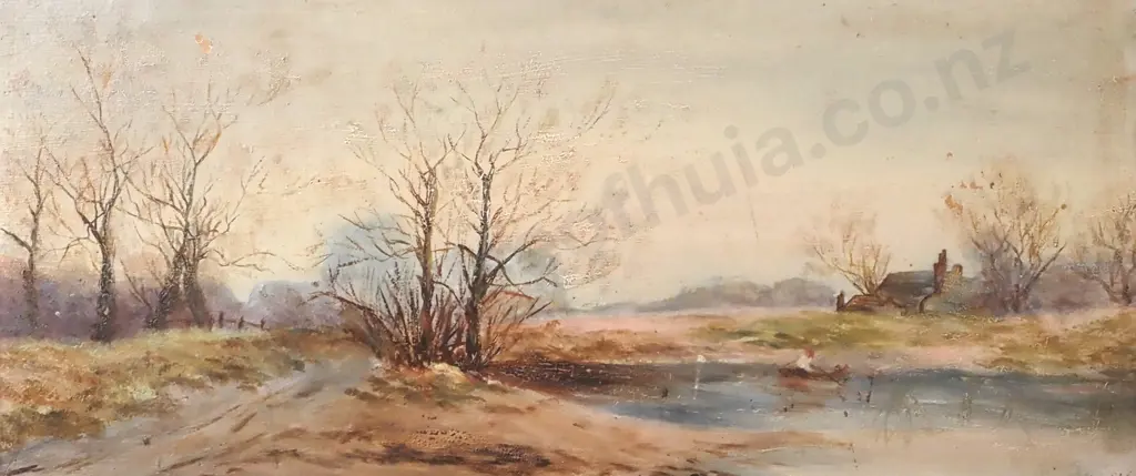 Artist Unknown - Rural Landscape w Cottage & Trees, Oil Image 1++