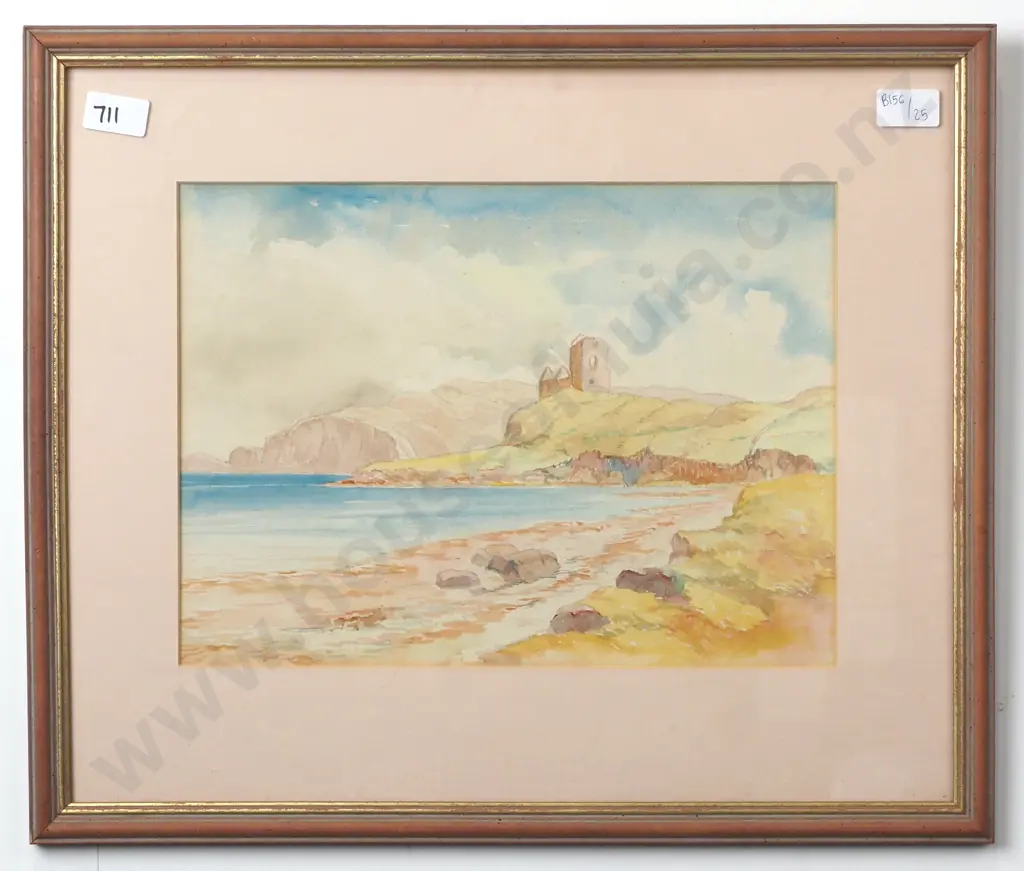 Artist Unknown - Coastal Scene w Ruin, Watercolour Image 1++