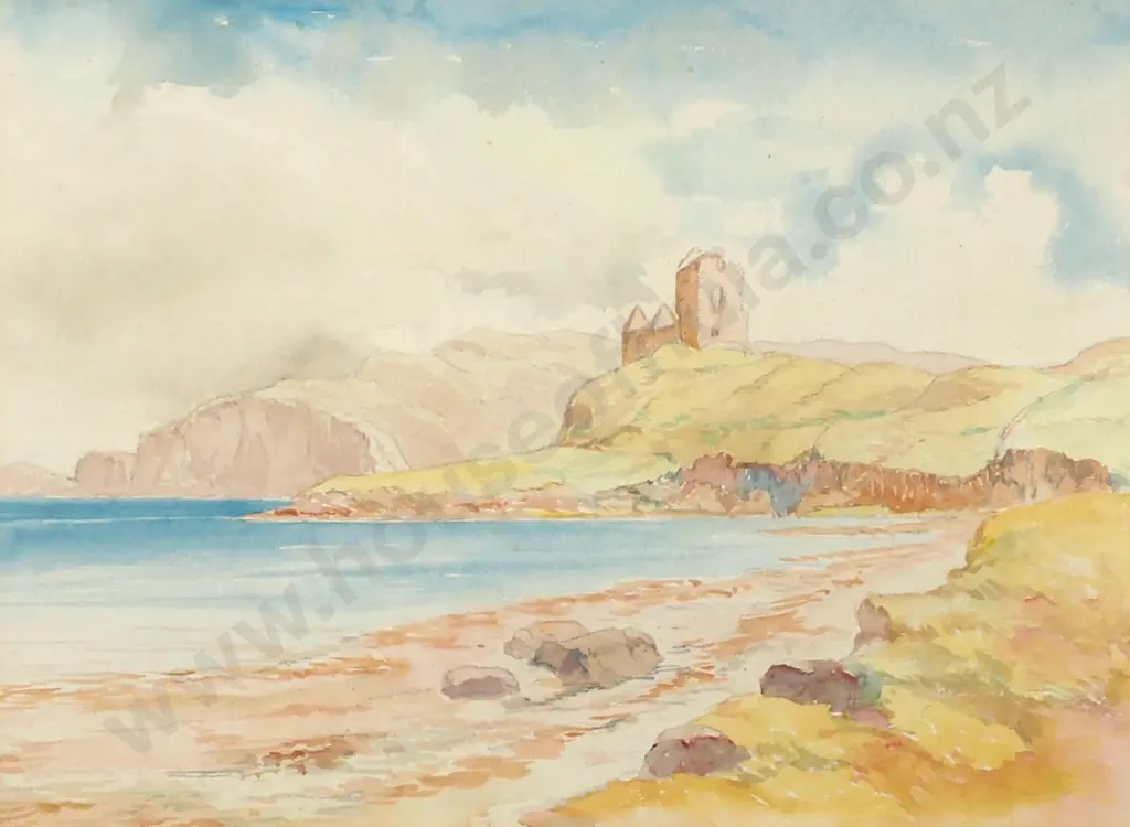 Artist Unknown - Coastal Scene w Ruin, Watercolour Image 1++
