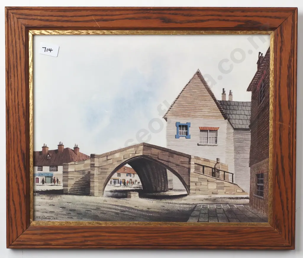 N R Glover - Village Scene w Bridge, Print Image 1++