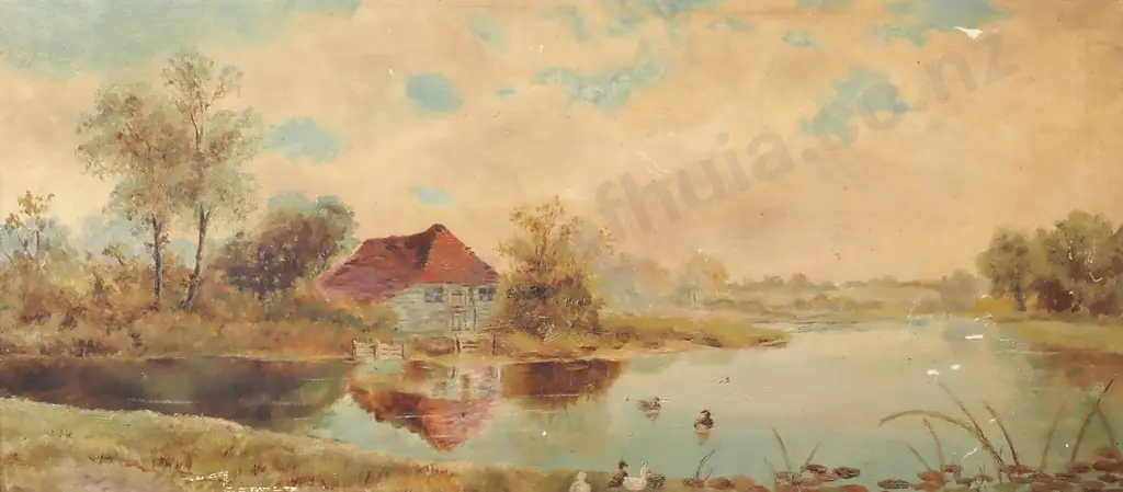Artist Unknown - Rural Landscape w Cottage & River, Oil Image 1++