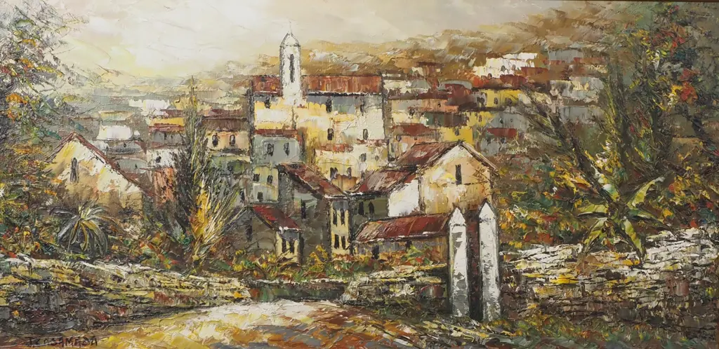 Casamada: European Village Scene, Oil On Board Image 1++