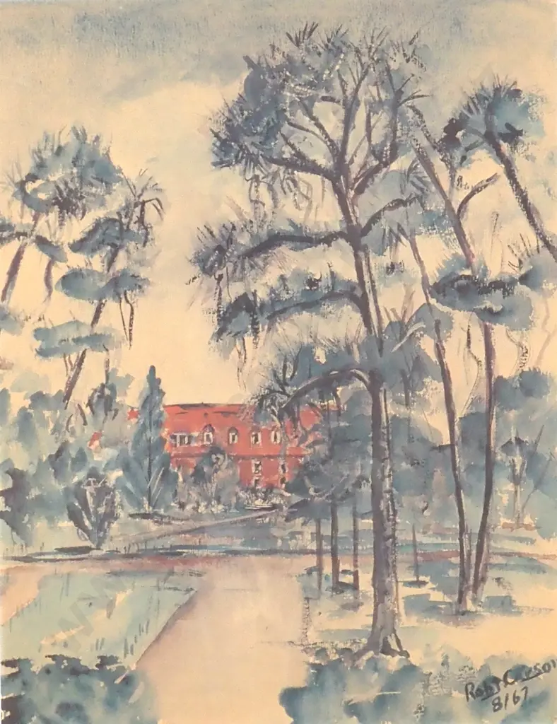 Robert Carson: Red House in Parklike Setting, Print Image 1++