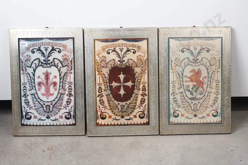 Three Decorative Plaques Depicting Coat of Arms for the Cities of Pisa, Volterra, & Florence, Italy Image 1++