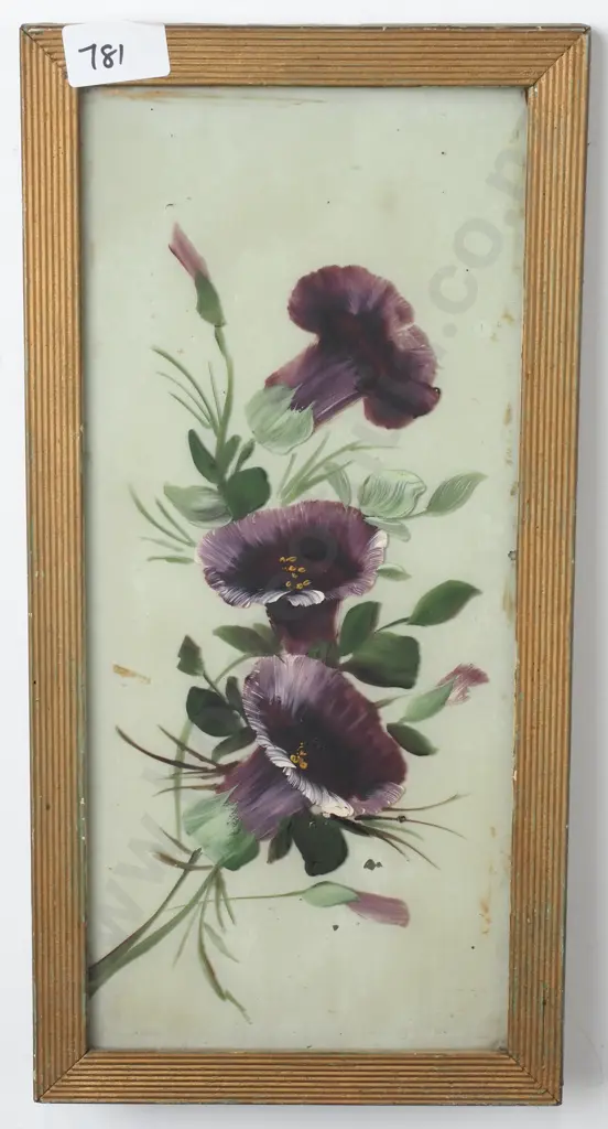 Vintage Reverse Glass Painting Featuring Purple Pansy Flowers In a Gold Tone Frame Image 1++