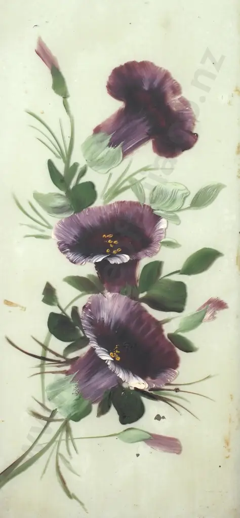 Vintage Reverse Glass Painting Featuring Purple Pansy Flowers In a Gold Tone Frame Image 1++