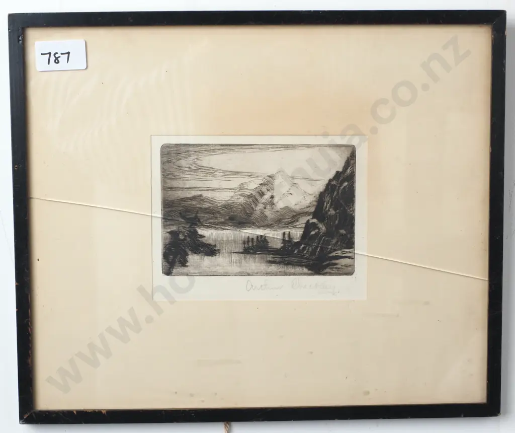 Arthur Checkley, Mountain Scene With Lake. Dry Point Etching. Signed, 85 x 125mm  Image 1++