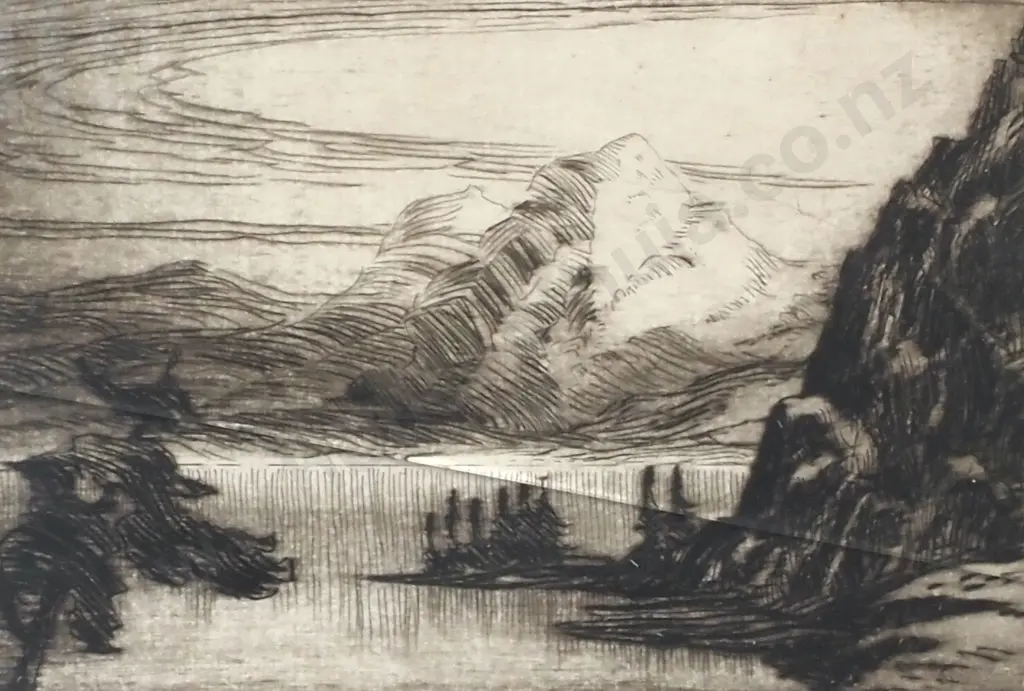 Arthur Checkley, Mountain Scene With Lake. Dry Point Etching. Signed, 85 x 125mm  Image 1++