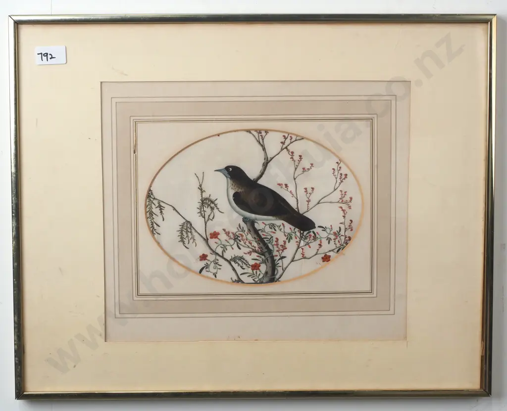 Antique 19th Century  Chinese Export Rice Paper Painting Depicting Two Birds on Branch in Oval Frame Image 1++