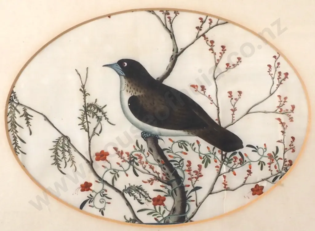 Antique 19th Century  Chinese Export Rice Paper Painting Depicting Two Birds on Branch in Oval Frame Image 1++