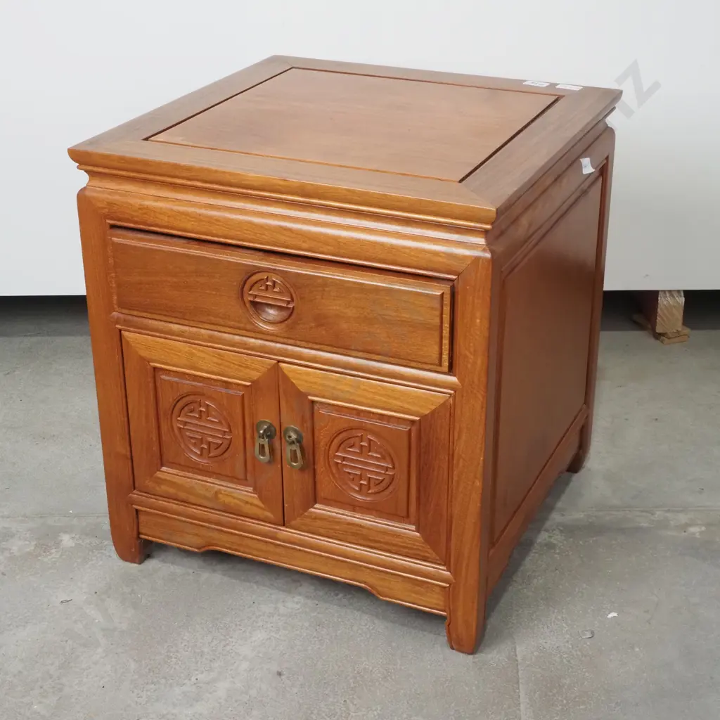 Asian Bedside Two Door, One Drawer & One Drawer Cabinet w Circular Carving & Brass Drop Handles , Possibly Rosewoodwood Image 1++