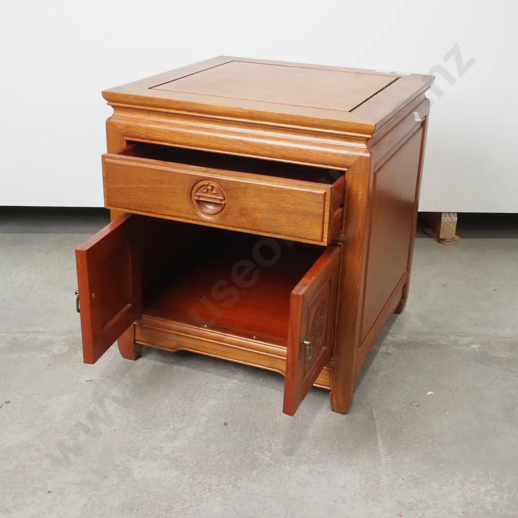 Asian Bedside Two Door, One Drawer & One Drawer Cabinet w Circular Carving & Brass Drop Handles , Possibly Rosewoodwood Image 1++