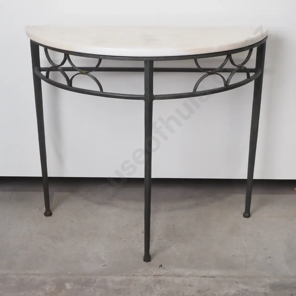 Half Round Wrought Iron Demi Lune Side Table w Faux Marble Top Image 1++