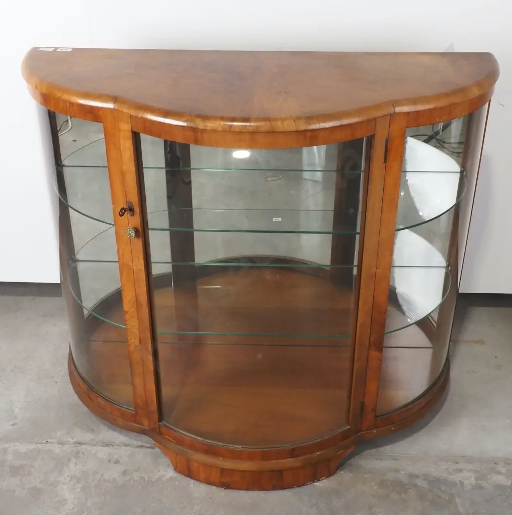 Art Deco Walnut Display Cabinet w Shaped Front & Curved Glass Leadlight Panels Image 1++
