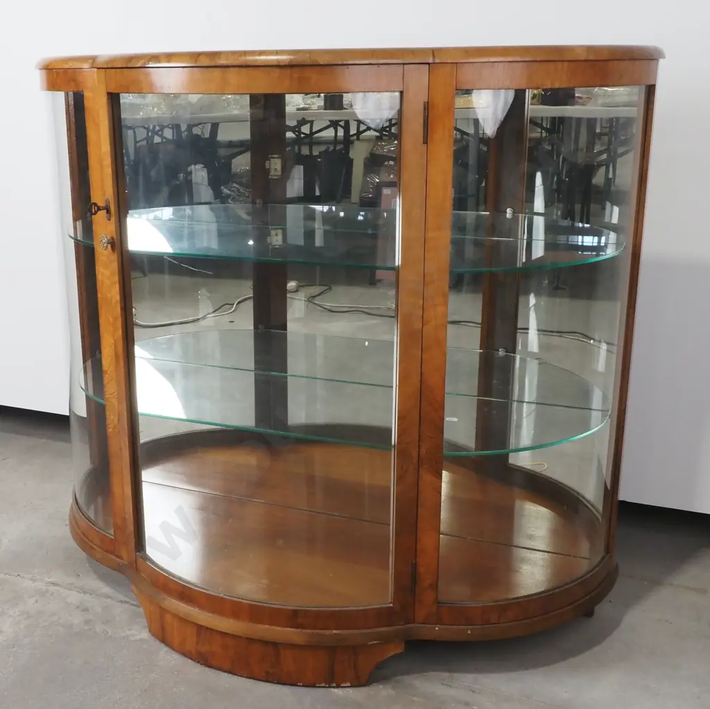 Art Deco Walnut Display Cabinet w Shaped Front & Curved Glass Leadlight Panels Image 1++