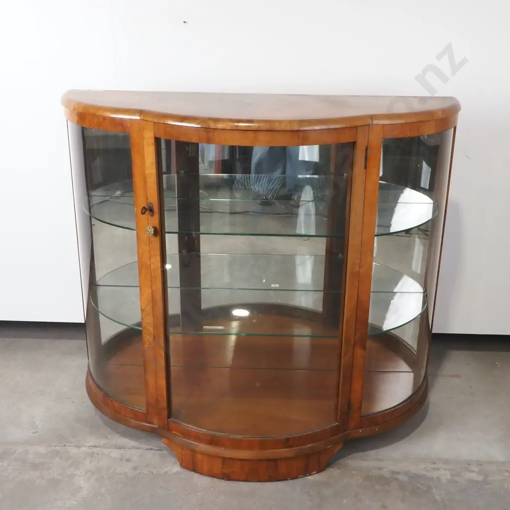 Art Deco Walnut Display Cabinet w Shaped Front & Curved Glass Leadlight Panels Image 1++