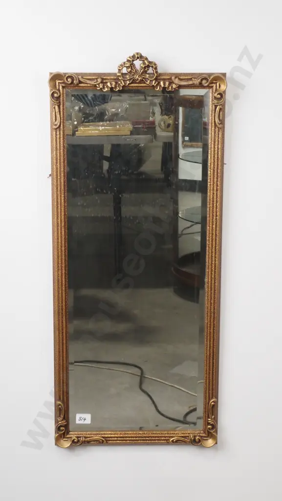 Vintage Gilt Mirror w Embossed Frame & Bow Finial Image 1++