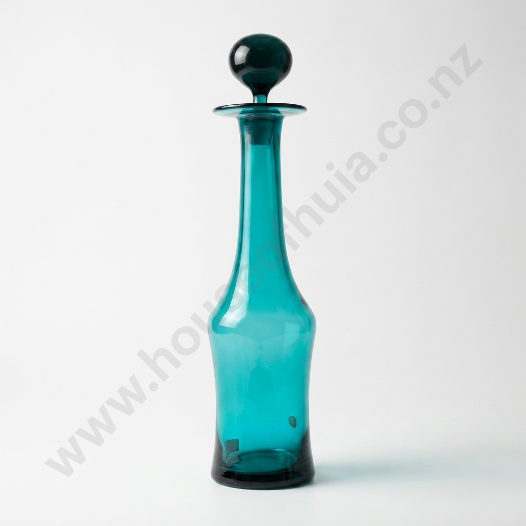 Vintage Hand Blown Teal Glass Decanter w Stopper Image 1++