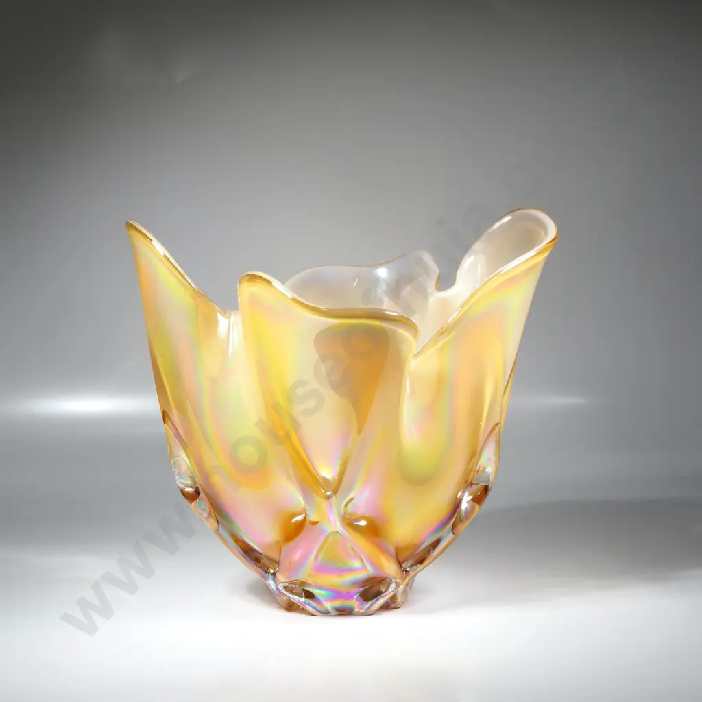 Japanese Vintage Freeform Iwatsu Hineri Art Glass Vase w Caramel Coloured Lustre Finish & Iridescent Colour Finishes Image 1++