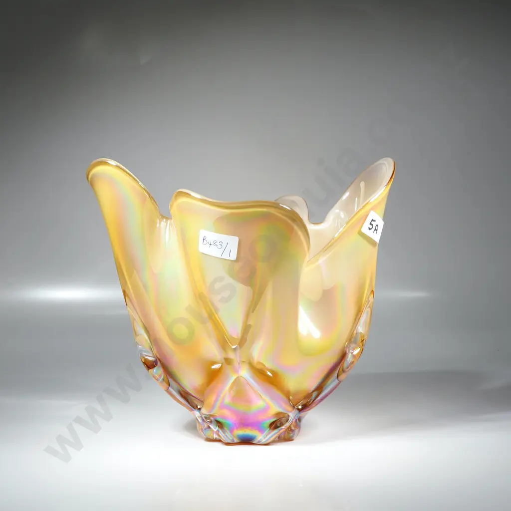 Japanese Vintage Freeform Iwatsu Hineri Art Glass Vase w Caramel Coloured Lustre Finish & Iridescent Colour Finishes Image 1++