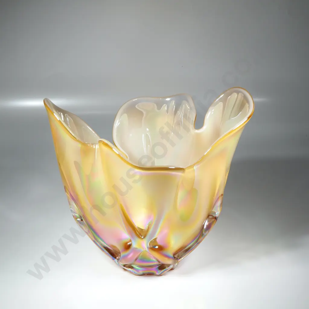 Japanese Vintage Freeform Iwatsu Hineri Art Glass Vase w Caramel Coloured Lustre Finish & Iridescent Colour Finishes Image 1++